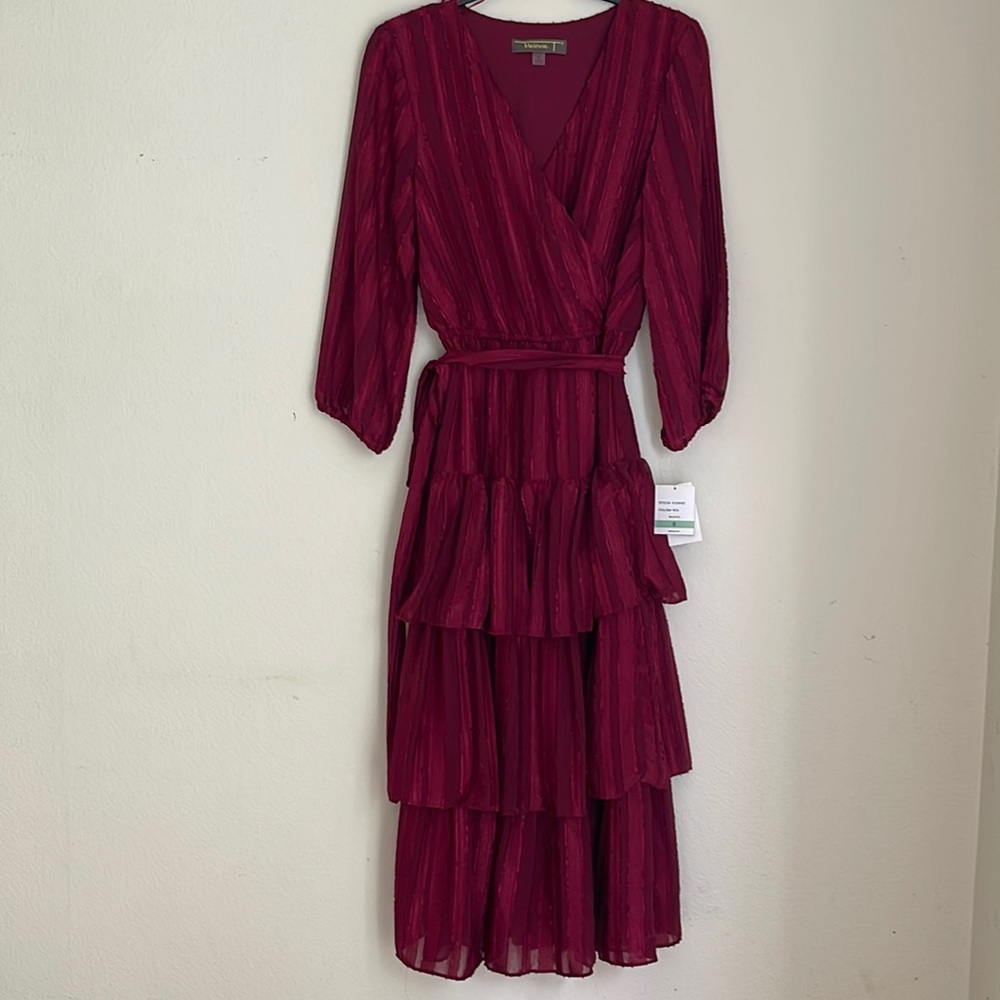 Burgundy mid Calf Ruffled Dtess